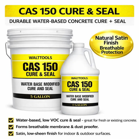 Heavy Duty Water Based Concrete Sealer And Cure Compound Hella Tough For Driveways Patios And Garages Delivering Knockout Dust Defense And A Legit Satin Finish In Five Gallon Pail and one-gallon bottle.