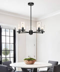 Bold Black Five Light Adjustable Pendant Chandelier With Glass Shades For Dining Rooms And Kitchens, Model XB-C1240-5-MB