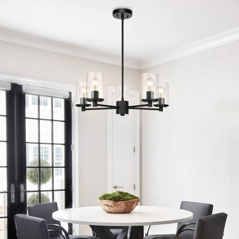 Bold Black Five Light Adjustable Pendant Chandelier With Glass Shades For Dining Rooms And Kitchens, Model XB-C1240-5-MB
