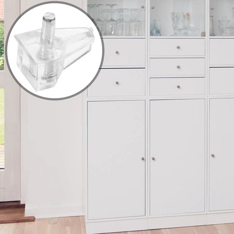 100 Pcs Plastic Cabinet Shelf Support Pegs For Bookshelves And Cabinets, close-up of clear peg with white cabinet background