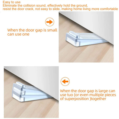 Clear Flexible Door Stop Wedges With Adhesive Backing 10 Pack Anti Collision Door Stoppers, stacked under door to prevent movement.