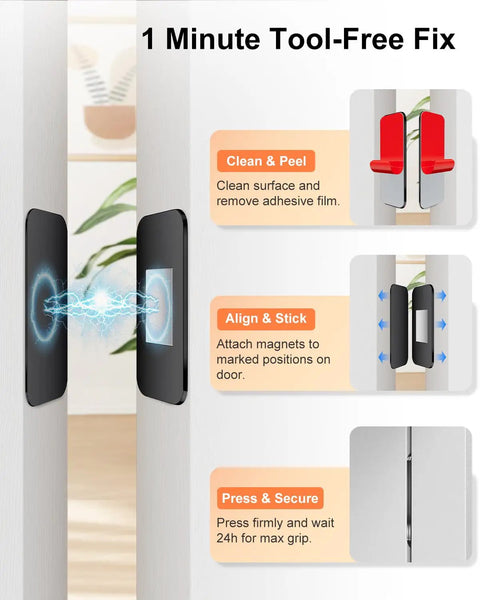 12 Pack No Drill Magnetic Cabinet Door Catch With Ultra Thin Invisible Mount installation guide showing peel, align, secure steps