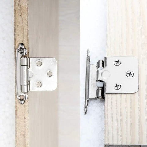 Half Inch Inset Satin Nickel Cabinet Hinges Self Closing Semi Concealed With Door Bumpers, two installed on wooden doors
