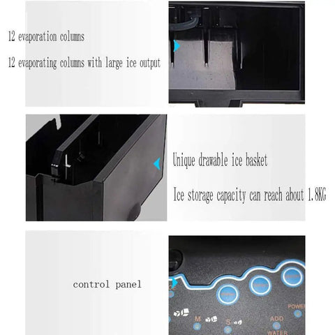Smooth Operator Countertop Ice Maker control panel and 1.8kg ice basket details with 12 evaporation columns.