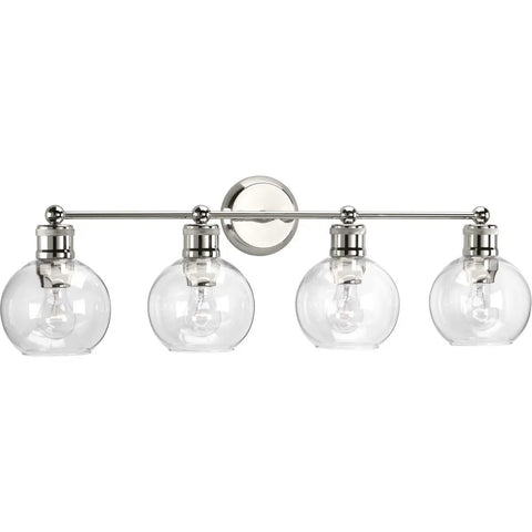 Hansford 4 Light Bath Vanity Fixture In Polished Nickel With Glass Globe Shades For Urban Industrial Vibe Bathroom Lighting In A Modern Master Bath Perfect For Contemporary Bathrooms, front view