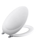Revival Collection Elongated Toilet Seat Featuring Polished Chrome Hinges Molded Wood Build Soft Close Lid Easy Install Comfy Upgrade
