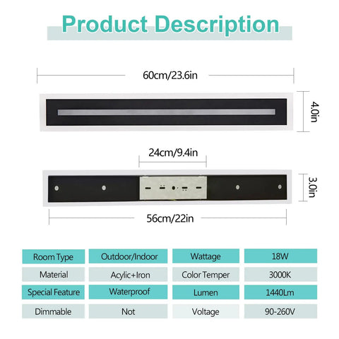 Product description of 23.6 Inch Outdoor Wall Sconce With 18W LED IP65 Weatherproof Exterior Light Fixture
