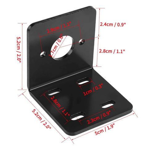 Front view of black L-shaped 12V/24V DC motor mounting bracket with central shaft hole and slotted mounting base.