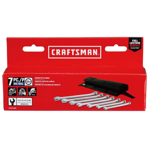 Badass Metric Combination Wrench Set 7 Piece Sleek Chrome Box End Tools Corrosion Resistant Garage Essential displayed in pouch.