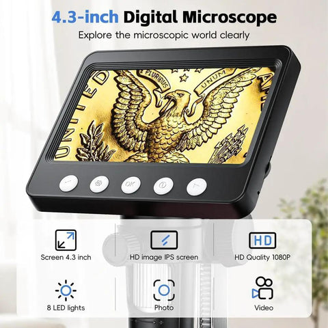4.3 Inch LCD Digital Microscope For Adults With 50X To 1000X Zoom, 8 Adjustable LED Lights, USB Microscope For Windows And MacOS, Real Time 720P Display, Go To Coin Collecting And Tiny Details Tool Black showing close-up on screen with coin details.