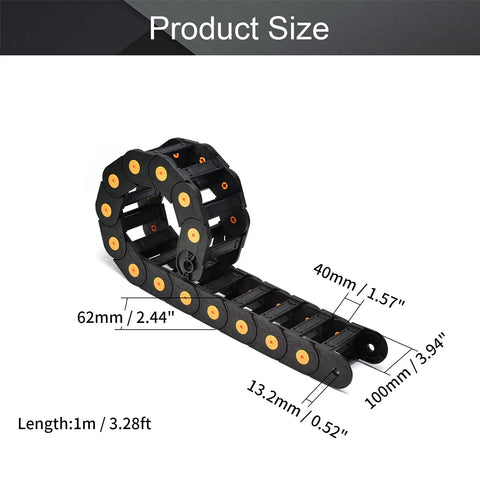 Open Type Drag Chain Cable Carrier With End Connectors 40x100mm Inner Size, 1 Meter Length, Black Nylon