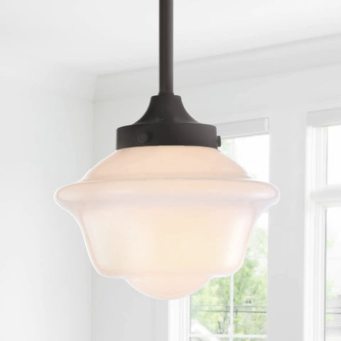 Oil Rubbed Bronze Dope Modern Schoolhouse LED Pendant Light Fixture With White Glass Shade Adjustable Drop Metal Hanging Lamp