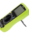 Automotive Digital Multimeter With Extra Large LCD Display and UL Listed Probes, green handheld unit with multiple settings.