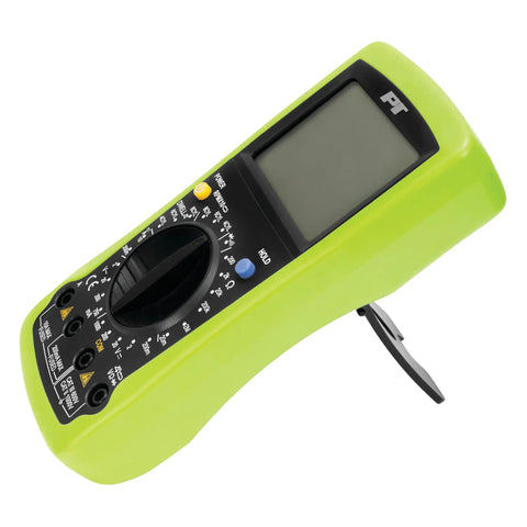 Automotive Digital Multimeter With Extra Large LCD Display and UL Listed Probes, green handheld unit with multiple settings.