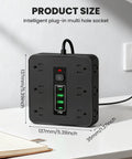 16 In 1 Smart Power Strip Surge Protector With 12 AC Outlets And Dual USB C Ports on a desk measuring 5.39x5.39x1.37 inches.
