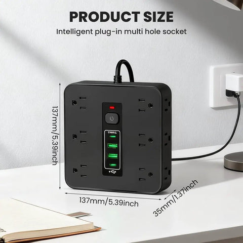16 In 1 Smart Power Strip Surge Protector With 12 AC Outlets And Dual USB C Ports on a desk measuring 5.39x5.39x1.37 inches.