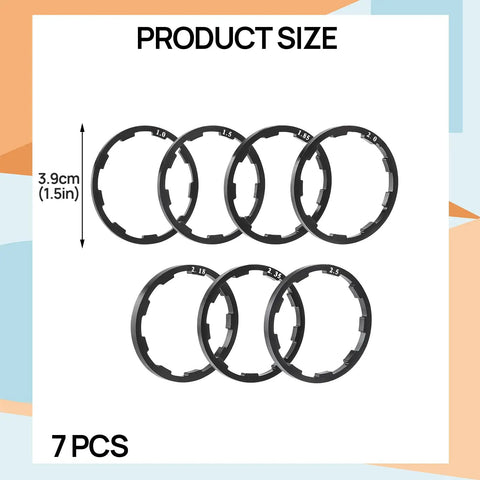 Seven Size Bike Headset Spacers Set For Mountain And Road Bikes with 1-1/8 steerer, aluminum rings showcasing thickness sizes.