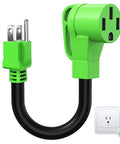 Heavy Duty NEMA 5-15P to 14-50R Adapter Cord Top Shelf Grip for Level 1 EV Chargers with green plug and black wire.