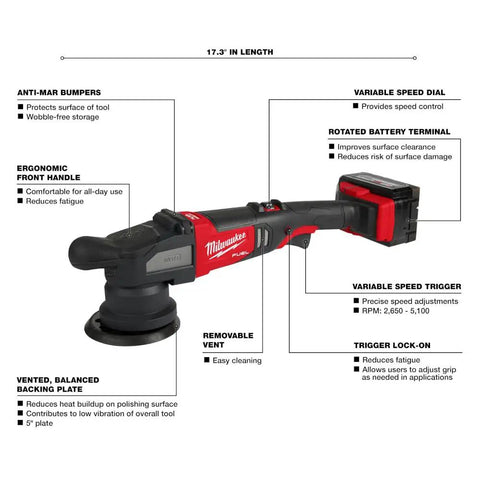 Premium Cordless Random Orbital Polisher Featuring Five Inch Backing Pad And Zero Drag Brushless Motor Delivers Kickass Torque for precise polishing.