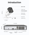 Diagram of 8-Channel PoE Security System with 4 Cameras, 3K 5MP Ultra Clear Video, showing camera and NVR dimensions.