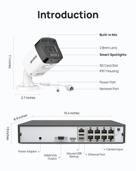 Diagram of 8-Channel PoE Security System with 4 Cameras, 3K 5MP Ultra Clear Video, showing camera and NVR dimensions.