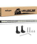 Slim 21 Inch LED Light Bar with 52 LEDs, mounting hardware, and packaging for offroad driving on trucks and SUVs