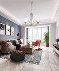 Living room with 3 Light Brushed Nickel Pendant Chandelier With Clear Glass Shades For Kitchen Dining Living Room Hallway Modern Ceiling Lamp That Pops Adjustable Height 19 Inch High 21 Inch Wide Sloped Ceiling Swivel Canopy hanging from ceiling, modern decor.