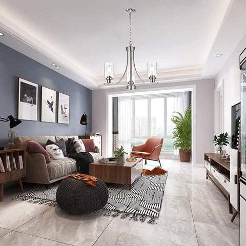 Living room with 3 Light Brushed Nickel Pendant Chandelier With Clear Glass Shades For Kitchen Dining Living Room Hallway Modern Ceiling Lamp That Pops Adjustable Height 19 Inch High 21 Inch Wide Sloped Ceiling Swivel Canopy hanging from ceiling, modern decor.
