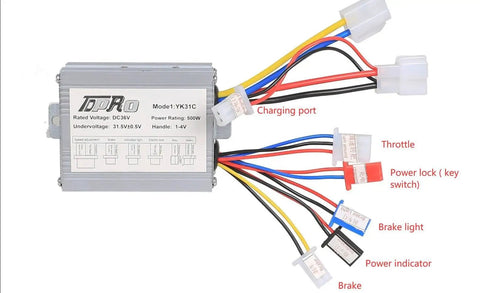 Kickstart Your Custom Build With This Hella Smooth 36 Volt 500 Watt Brushed Motor Speed Controller Set showing wiring and ports.