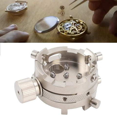 Pro Grade Stainless Steel Watch Movement Base Holder For Repairs And Adjustments Heavy Duty Fixation Tool with screws and brass columns.