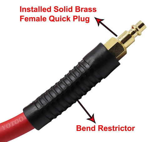 Close-up of No BS Heavy Duty Rubber Air Hose 1/4 Inch By 25 Feet 300 Psi with installed brass plug and bend restrictor.