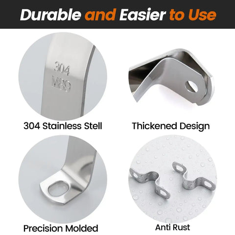 Four images of Workhorse Six Pack 3 Inch Thickened 304 Stainless Steel U Clip Pipe Brackets showcasing design, material, and features.