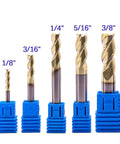 Pro Grade Solid Carbide End Mill Set For Aluminum 5 Pcs One Eighth To Three Eighths Inch ZRN Coated 3 Flute 37 Degree Helix HRC55 shown