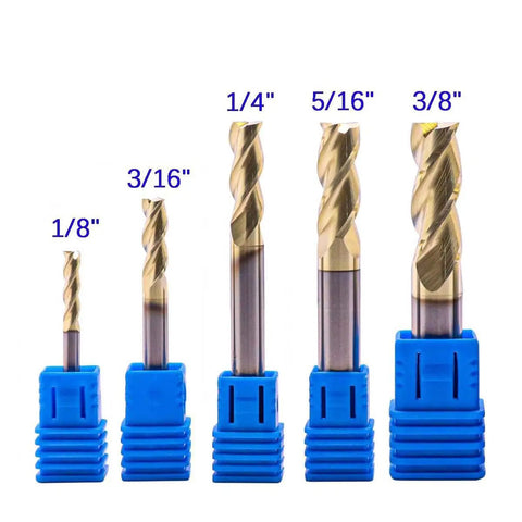 Pro Grade Solid Carbide End Mill Set For Aluminum 5 Pcs One Eighth To Three Eighths Inch ZRN Coated 3 Flute 37 Degree Helix HRC55 shown