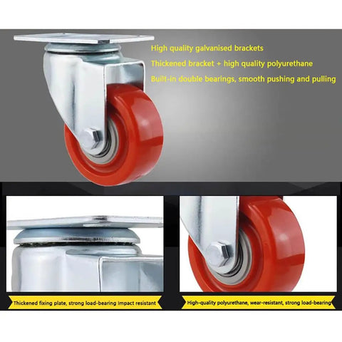4 Pack Hella Tough Heavy Duty Caster Wheels With Dual Locking Brakes M12x30mm Bolt Thread showing galvanized brackets and red polyurethane wheel.