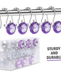 Purple Stainless Steel Shower Curtain Rings Set With Rust Resistant Double Hooks For Slick Glide And Easy Hanging Of Curtain And Liner, Decorative Rhinestone Bathroom Hooks displayed on a rod with box packaging.