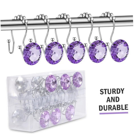 Purple Stainless Steel Shower Curtain Rings Set With Rust Resistant Double Hooks For Slick Glide And Easy Hanging Of Curtain And Liner, Decorative Rhinestone Bathroom Hooks displayed on a rod with box packaging.