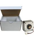 NEMA 17 bipolar stepper motor for extruder, front view, brass 17-tooth gear, multi-color wires, boxed with foam insert
