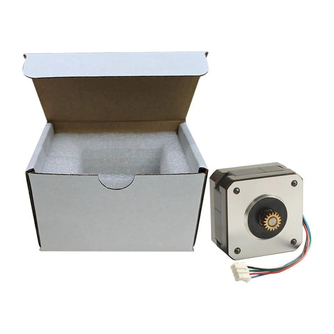 NEMA 17 bipolar stepper motor for extruder, front view, brass 17-tooth gear, multi-color wires, boxed with foam insert