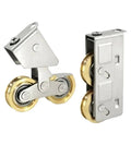 Heavy Duty Sliding Door Rollers With Double Stainless Steel Wheels And Precision Bearings For Shower Doors Closet Tracks And Patio Gliders, showcasing durable gold wheels and precision mounts.