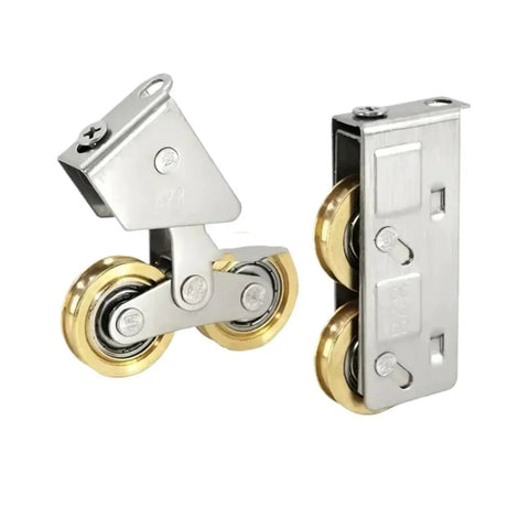 Heavy Duty Sliding Door Rollers With Double Stainless Steel Wheels And Precision Bearings For Shower Doors Closet Tracks And Patio Gliders, showcasing durable gold wheels and precision mounts.