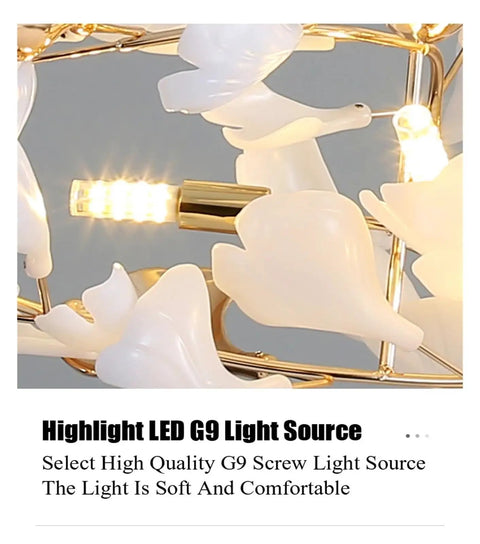 Close-up of Nordic Romantic Ginkgo Leaf Pendant Lamp for Dining Room Vintage Chandelier showcasing LED G9 light source.