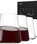 Stemless Wine Glass Set Of 4 Hand Made 16oz Crystal Red And White Wine Glasses For Everyday Use, Home Bar And Hosting, Go To Party Gift Idea For Men Or Women For Wedding Anniversary Christmas Birthday, showcasing one glass half-filled with red wine next to empty glasses.