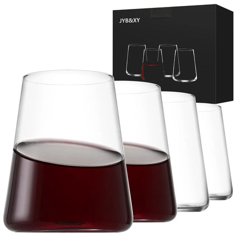 Stemless Wine Glass Set Of 4 Hand Made 16oz Crystal Red And White Wine Glasses For Everyday Use, Home Bar And Hosting, Go To Party Gift Idea For Men Or Women For Wedding Anniversary Christmas Birthday, showcasing one glass half-filled with red wine next to empty glasses.