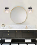 Bathroom with Dope Matte Black Wall Sconces Set of 2 Vanity Light Fixtures, bubble glass shades next to round mirror above black vanity.