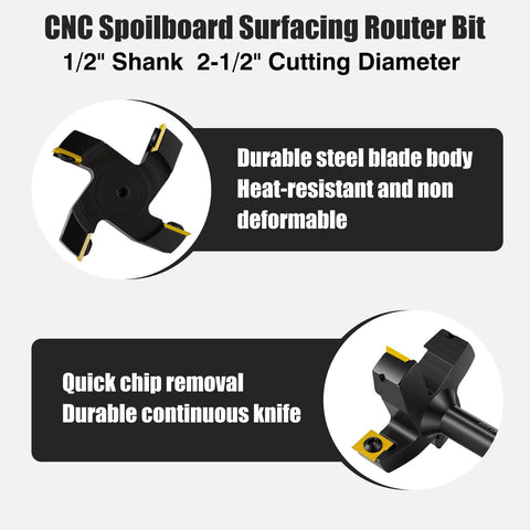 Pro Grade CNC Spoilboard Surfacing Router Bit Set With 4 Wings, 1/2 Inch Shank, 2-1/2 Inch Cutting Diameter, carbide inserts