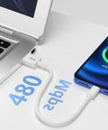 1Ft USB A To USB C CarPlay Cable For iPhone 17 16 15 Series connected to laptop and phone, showcasing 480 Mbps speed
