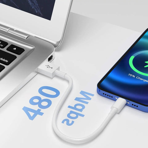 1Ft USB A To USB C CarPlay Cable For iPhone 17 16 15 Series connected to laptop and phone, showcasing 480 Mbps speed