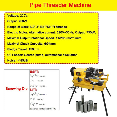 Rock Solid Electric Pipe Threader Machine For Cutting Threading And Trimming Half To Three Inch Conduit With Smooth Auto Oiling System and clear specs.