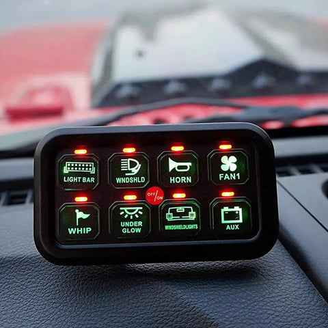 8 Gang Dimmer Switch Panel for Cars Trucks ATVs UTVs and SUVs LED Automatic Dimming Electronic Relay System on dashboard